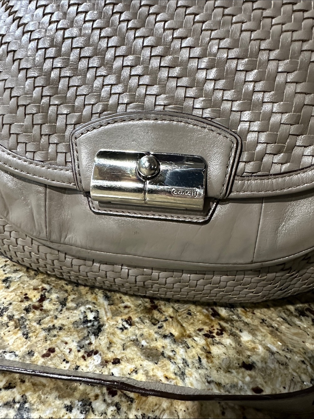 Coach Kristen Woven Leather Shoulder Satchel in Taupe Gray with pink interior - Picture 4 of 16